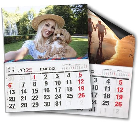 PREVIS Calendario Personalizado 2025 Nevera Iman Magnetico con Faldilla Y Foto Personalizada - Sube tu Foto - Tamaño 23,5cm x 28cm - Vista Festivos, Meses Anterior y Posterior y Lunar -Regala Momentos