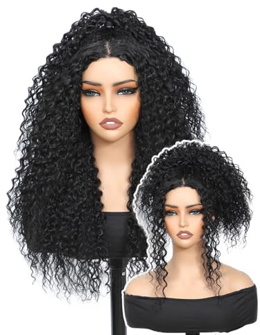 YKHJH 26 Inch Lace Front Wig Black Curly Protein Fiber Like Human Hair Glueless Water Wave Black