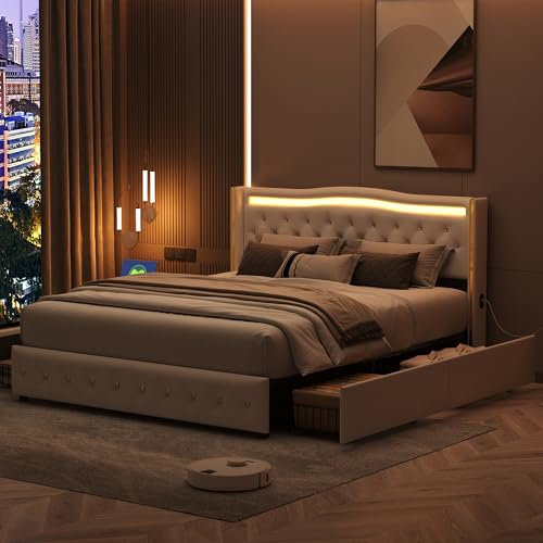 PerGar Bett 160x200cm, Polsterbett Doppelbett mit 4 Schubladen und Lattenrost, Stauraumbett mit LED-Kopfteil und USB-Port, Jugendbett Rückenlehne Bettgestell, PU, Weiß, Ohne Matratze