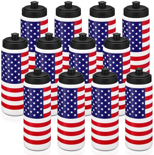 Skybooly 12 Pcs American Flag Water Bottle Bulk, 20oz Sports Ball Cup Accessories Reusable Sports Squeeze Water Bottle for Party Favor Players Lovers Team Gifts Gym for Most Bike Cage (20 oz)