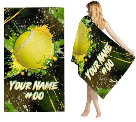 GiftRomance Personalisiertes Tennis Strandtuch mit Namen – 100x180 cm Schnelltrocknendes Sandfreies Handtuch für Männer Frauen Erwachsene – Individuelles Sport Geschenk
