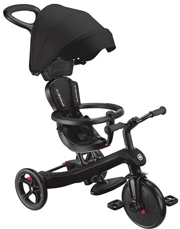 GLOBBER Explorer Trike 4in1 Pro in Schwarz – Dreirad, Laufrad und Kinderwagen in 10/8,5 Zoll – TPR-Sitz – höhenverstellbares Kinderfahrzeug
