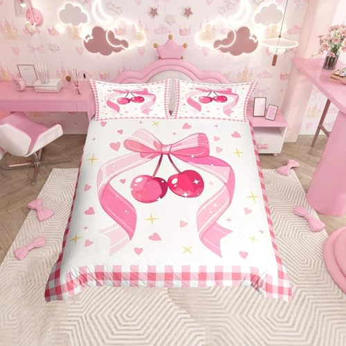 richhome Rose Bowknot Housse de Couette 140x200cm pour Les Enfants Filles Tout-Petit-Enfant Femmes Mignonne Bow Cerise Parure de Lit Amour cœur Literie Set avec 1 Taie d'oreiller
