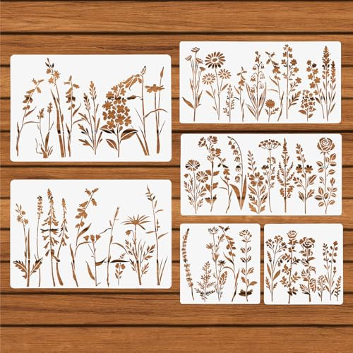 6 Stück Blumenschablonen, Große Wildblumenschablonen zum Basteln Wiederverwendbare Blumenvorlage zum Bemalen von Holzzaunwänden Pflanzenmuster für Stoff Leinwand Bodendekor