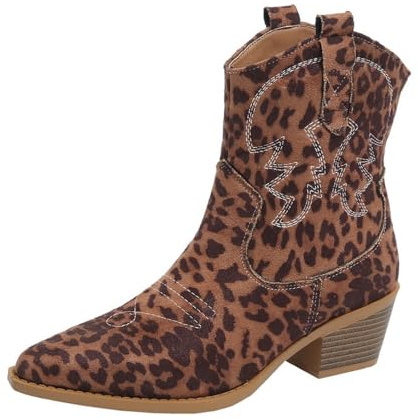 ENEN Stivali Texani Donna Cowboy 35-42 Moda Stivali Cowboy Donna con Tacco Basso Western Comodi Stivaletti Texani Morbida Suola Antiscivolo Eleganti Ricamo, Autunno e Inverno (Leopardata,35)