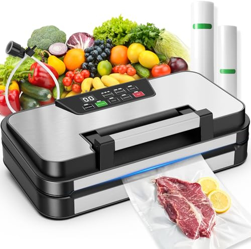 95kPa Vacuum Sealer Machine, Dual Pump, Vacuum & Inflate, Double Heat Seal | 10-in-1 Food Vacuum Sealer with Easy-Lock Handle, Built-In Cutter, Bag Storage, Hose & 2 Bag Rolls, Stainless Steel Design