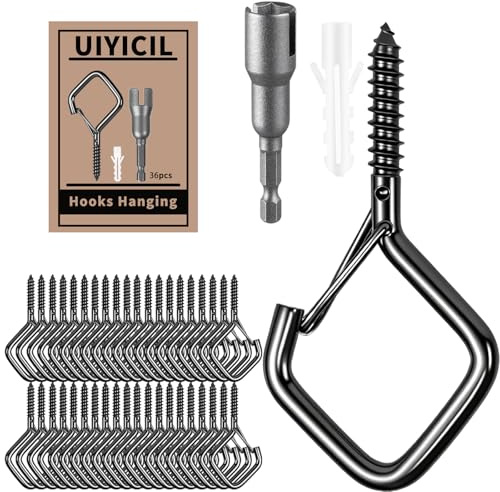 Uiyicil Heavy Duty Eye Screw Hooks for Hanging, Ceiling Hooks for Hanging Plants & Outdoor String Lights, Screw in Hooks with Safety Lock for Indoor Outdoor Decor (Black, 36 Pcs)