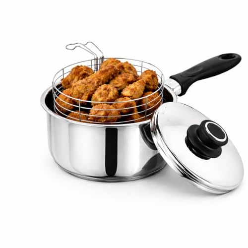 Stainless Steel Deep Fat Fryer Pan 20cm Chip Pan 3PCS Set with Basket & Lid Induction & Gas Safe for Perfect Crispy Frying
