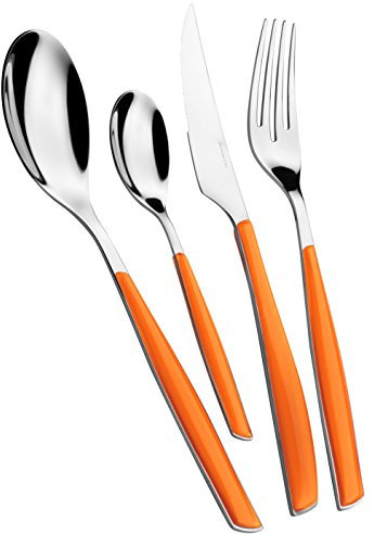 BUGATTI, Glamour, Ensemble de 24 couverts en acier inoxydable 18/10 et manche ORANGE. Ensemble de couverts 6 personnes composé de 6 cuillères, 6 fourchettes, 6 couteaux et 6 cuillères à café