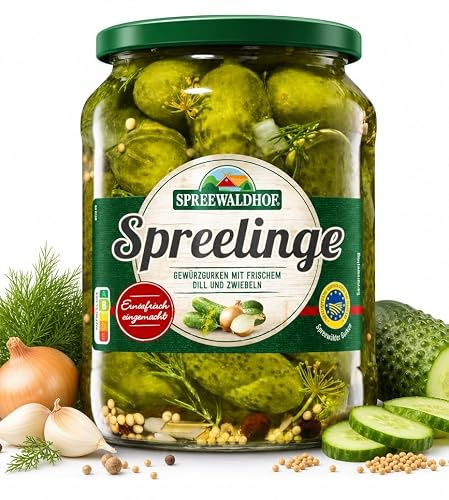 Spreewaldhof Gewürzgurken 360g mit Dill und Zwiebeln - Spreelinge | Echte Spreewälder Gurken inkl. DDR Kochbuch & Geschenkkarte - knackig eingelegt ohne Konservierungsstoffe - Erntefrisch
