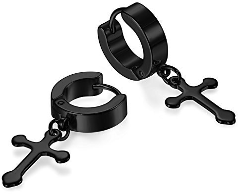 JewelryWe Schmuck Herren Damen Ohrringe Creolen, Edelstahl Kreuz Huggie Klappcreolen Ohrstecker Ohrhänger Schwarz