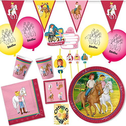 HHO Bibi Und Tina Party-Set 59tlg. für 6 Kinder : Teller Becher Servietten Einladung Luftballons Wimpelkette Papiertrinkhalme