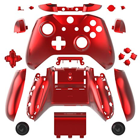 WPS Boîtier Complet de boîtier chromé avec façade + Boutons ABXY + Pare-Chocs RB LB + Rails Droite/Gauche pour manettes Xbox One S Slim (Jack 3,5 mm) Chrome Red
