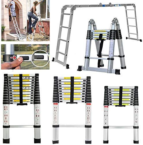 3.8M 12.5 Feet Telescopic Ladder DIY Aluminum Alloy Folding Extendable Extension Ladder for Home Office Loft Use, 330 lb Capacity