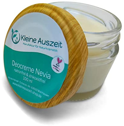 Kleine Auszeit Manufaktur, Natronfreie Deocreme Nevia, hochwirksam ohne Aluminium, ohne Natron oder Zinkoxid, plastikfrei, vegan, ohne Palmöl, 100 ml