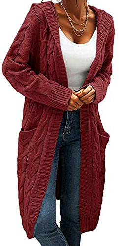 Women Hooded Open Front Cardigan Cable Knit Sweaters Solid Color Chunky Long Sweater Coats, Wine Red, S