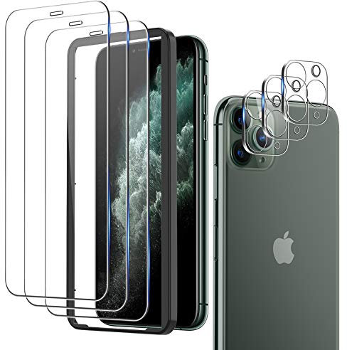 omitium 6 Pack Protector Pantalla Compatible con iPhone 11 Pro Max, 3 Cristal Templado y 2 Cámara trasera de cristal templado Marco de Alineación Incluido 9H Vidrio Templado para iPhone 11 Pro Max