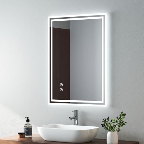 EMKE Illuminated Bathroom Mirror with LED Lights - 800 x 600mm Wall Mounted Vanity Makeup Bluetooth Mirror with Shaver Socket, Touch Switch, Demister Pad