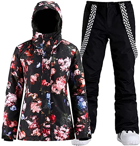 Damen Ski Jacken und Hosen Snowboard Schneeanzug Mantel Warm Kapuze Wasserdicht Winddicht Isoliert, Pink Flower Black, Large