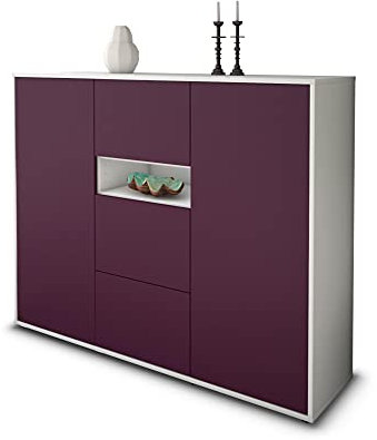 Stil.Zeit Highboard Kommode Quinta, Korpus Weiss matt, Front Farb-Design Aubergine (136x108x35cm), Push-to-Open Technik & Leichtlaufschienen
