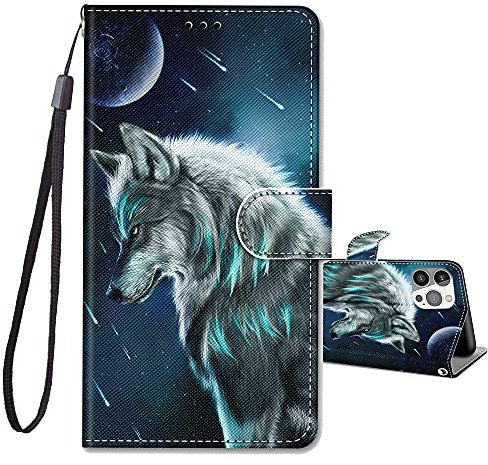 JRIANY for iPhone 13 Pro Case [6.1-inch] [Not for iPhone 13], PU Leather Wallet Case with Card Holder Animal Pattern Cute Design Shockproof Cover Flip Case Compatible with iPhone 13 Pro - Wolf B
