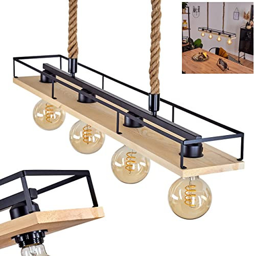 Pendelleuchte Nubani, Hängelampe aus Metall/Holz/Hanfseil, Schwarz/Natur im Vintage Design, Hängeleuchte im offenen Design mit Holzbalken und Schirm in Gitter-Optik, 4-flammig, E27, ohne Leuchtmittel