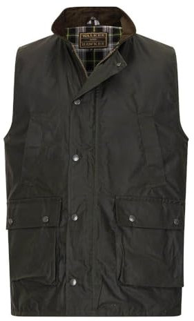 WALKER AND HAWKES - Men's Winchester Multi Pocket Waxed Cotton Gilet Outdoor Camping Waistcoat Hiking Travelling Jacket - Olive - Medium