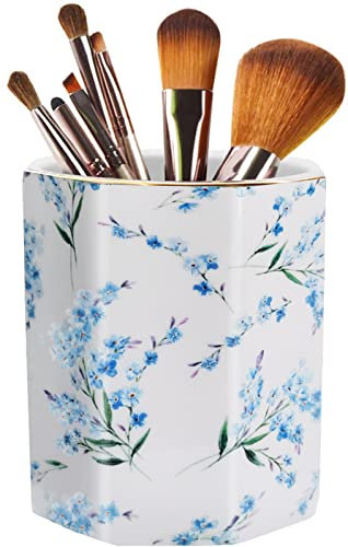LEAZUL Pencil Holder for Desk Organizer,Ceramic Writing Utensil Storage Organizer Aesthetic Floral Pattern Pen Holder Pen Cup Makeup Brush Holder Creative Gift for Desktop Supplies,School Life Blue