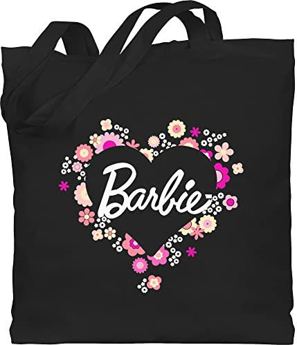 Shirtracer Baumwolltasche - Tasche - Barbie Logo Blumen weiß - Unisize - Schwarz - wechselwäsche beutel kita jutebeutel kindergarten einkaufstasche stofftasche jutetasche jutesäckchen stoffbeutel