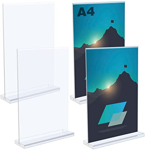 UMILKI A4 Soportes de Acrílico para Menú, 4pcs Soporte para Letreros en Mesa en Forma de T, Expositor Metacrilato Transparente a4 Doble Cara, para Hogar/Oficina/Escuela/Restaurante/Hotel/Boda