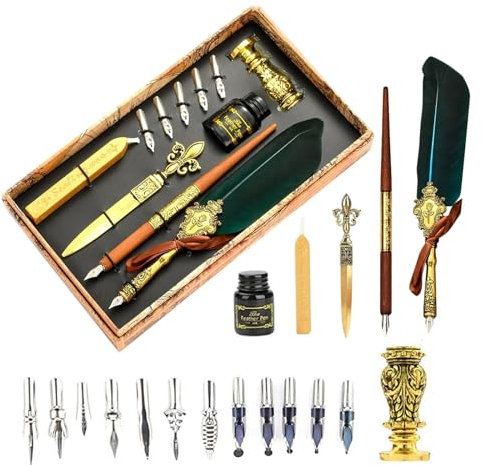 Joyeee Antike Federkiel-Stift-Set, mit Siegelwachs für Umschläge, Wachsstempel, Handgefertigter Dip Pen, Umschläge, Dip Pen Federn, Schreiben, Retro Geschenkbox, Schönes Geburtstagsgeschenk,