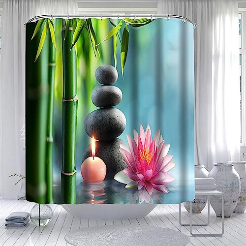 Aeici Rideau de Douche 180X200, Rideau Douche 2M, Rideau Douche 3D Pierre Fleur Bambou Vert Rideau Douche Salle de Bain