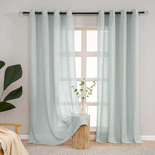 L.Z.E Grün Vorhänge Kurz Modern, Leinenoptik Gardinen mit Ösen für Wohnzimmer Schlafzimmer Fenster, Hellgrün Gardinen und Vorhänge in Landhaus Stil, Halbtransparent 175 cm Lang, 190g/㎡