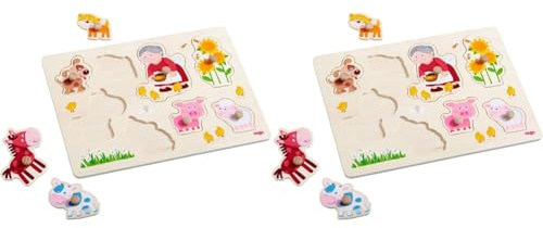 HABA 303183 - Greifpuzzle Oma Lenis Tiere, Holzspielzeug ab 12 Monaten, 8-teiliges Puzzle aus Holz mit bunten Tiermotiven, Mit großen Knöpfen zum Greifen (Packung mit 2)