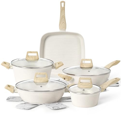 13Pcs Pots and Pans Set, Nonstick Cookware Sets, White Granite Induction Cookware Non Stick Cooking Set with Frying Pans & Saucepans(Non PFOS, PFOA)