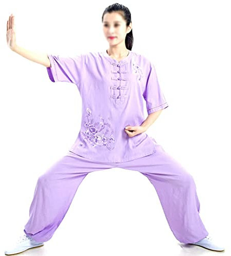 RWRAPS Damen bestickte Taichi-Uniform für Kinder und Mädchen, Kung-Fu-Anzug, Blumenmuster, Kurze Ärmel, Baumwoll-Leinen, Kampfsport-Uniform, Wing Chun Taichi-Bekleidungsset (Lila, L)
