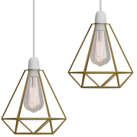 2-Pack Gold Metal Diamond Wire Basket Pendant Lighting Ceiling Light Shade for Indoor Pendant Lights Ceiling Fitting - Rust-Resistant Lamp Shades for Home Offices, Cafes, Corridors