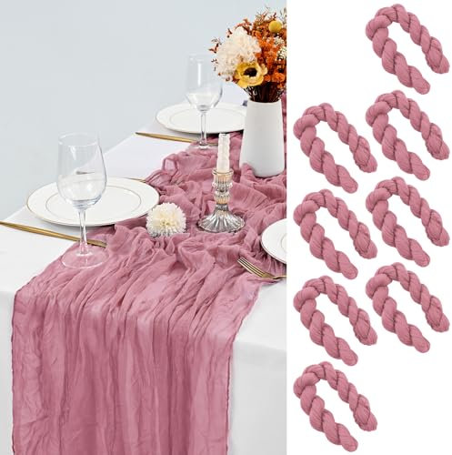 8 Stück Käsetuch Tischläufer Staubige Rose, 90 x 400 cm Seihtuch Tischläufer Waschbares Gaze-Stoff Boho Tischläufer Cheesecloth Tischdekor für Hochzeit Brautparty Empfang Festival im Freien Dekor