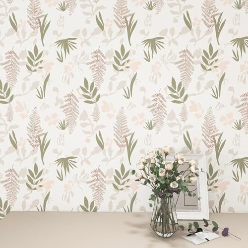 Selbstklebende Tapete Grün Blätter,44 x 500cm Braun Pflanzen Tapete Selbstklebende Tapete Rosa Blumen Boho Tapete Hell Blumen Möbelfolie Selbstklebend für Badezimmer Wohnzimmer Schlafzimmer Küche