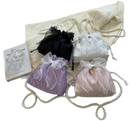 TAMUNI 20X18CM Beuteltasche mit Kordelzug, Schleife, Netzstoff, Perlenkette, Perlen-Puppentaschen für Hochzeit, Abendparty, Satin-Tasche, Damen-Brautjungfer-Handtasche