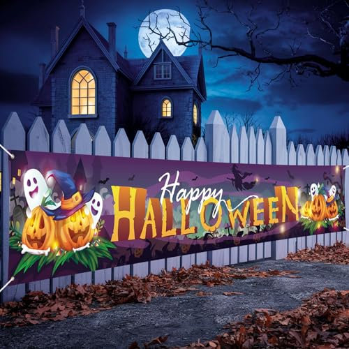 Extra große Happy Halloween Banner Party Deko, 9.8 x 1.6 Fuß Stoff Lila Halloween Kürbis Geist Schild Banner Dekoration für Draußen Trick or Treat Ourdoor Gartenzaun Garage Heim Halloween Party