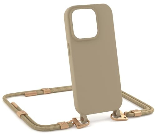ZhinkArts - Handykette kompatibel mit iPhone 15 Pro Max - Handyhülle zum Umhängen - Band/Schnur abnehmbar - Necklace - Karabiner - Taupe - Beige