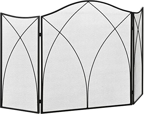 HOMCOM Parascintille Camino a 3 Parti Pieghevole con Decorazioni, Parafuoco in Metallo, 108x24x76 cm, Nero