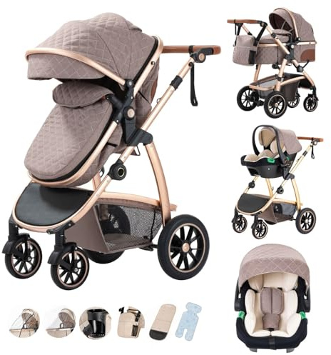 Kakbgee 3-in-1 Kinderwagen, Buggy mit Babyschale, Höhenverstellbarem Griff | Kombi-Kinderwagen mit Moskitonetz, Regenschutz, Aluminium-Rahmen mit hohem Sitz für Neugeborene 0-4 Jahre, 22KG, Khaki