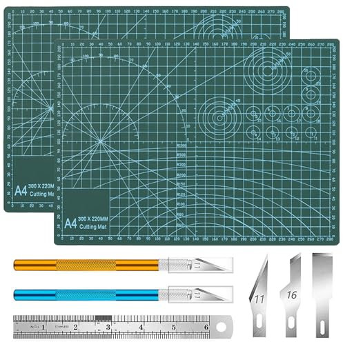 2 Stück A4 Schneidematte Set, Selbstheilende Bastelunterlage Schneideunterlage Cutting Mat mit 43stk Bastelmesser und Stahllineal für Basteln Zeichenunterlage Bastelskalpell(A4 30X22CM)