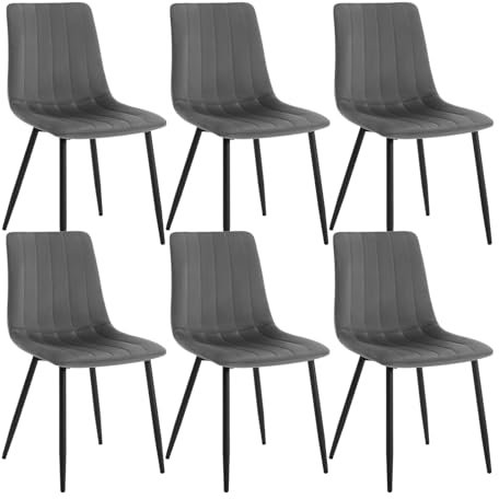 Klihome Esszimmerstühle 6er Set, für Schlafzimmer Küche Wohnzimmer, Küchenstühle gepolstert mit Rückenlehne Metallbeinen, Sitzfläche aus Samt, Dunkelgrau