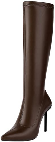CuteFlats Stivali semplici da donna versatili in pelle con tomaia e punta a punta con tacco a spillo, marrone, 33 EU