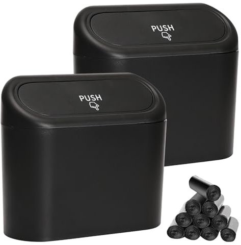 AUTUUCKEE 2 Pcs Car Trash Can Bin with Lid, Min Car Bin and 10 Rolls of Bin Bag, Leakproof Car Rubbish Bin Easy to Hang Car Bins for Front of Car Back Seat Car Accessories Office Bedroom Home