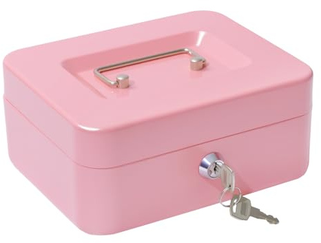 Geldkassette mit Schlüssel, tragbare Kasse mit Münzfach, kleine abschließbare Geldkassette für Haus, Büro und Veranstaltungen, 20 * 16 * 9cm(Rosa)