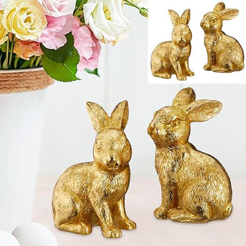 KAMACA 2er Set Hase Osterhase Frühling Deko Ostern Osterdeko Osterfigur Frühling Frühlingsdeko Fensterbank Wohnzimmer Garten Balkon Dekohase innen außen (2er Set Hasen Paar Gold)